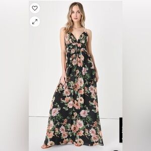 Lulu's Gorgeous Moments Black Floral Print Sleeveless Maxi Dress sz small
